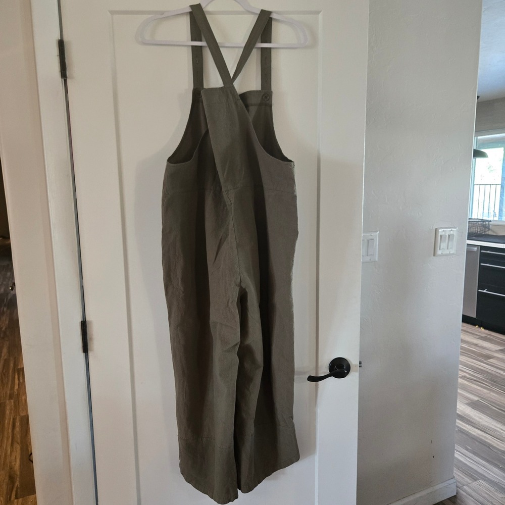 Overalls Womens XL Olive Green Linen Blend Wide Leg Cropped Jumpsuit Boho Relax - Picture 3 of 7